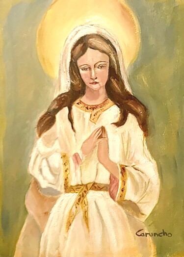 Painting titled "Virgen Niña" by Mónica Caruncho Fontela, Original Artwork, Oil