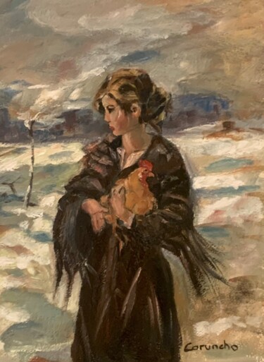 Pintura titulada "Niña con gallina" por Mónica Caruncho Fontela, Obra de arte original, Oleo