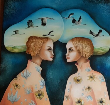 Painting titled "Le temps qui passe" by Monica Cattaneo, Original Artwork, Oil Mounted on Wood Stretcher frame