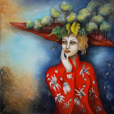 Painting titled "ENTRE CIEL ET TERRE" by Monica Cattaneo, Original Artwork, Oil Mounted on Wood Stretcher frame