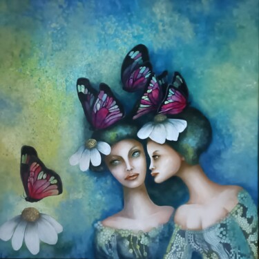 Painting titled "Le vol des papillons" by Monica Cattaneo, Original Artwork, Oil Mounted on Wood Stretcher frame