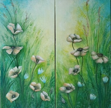 Painting titled "FLEURS DE CHAMP" by Monica Cattaneo, Original Artwork, Oil Mounted on Wood Stretcher frame