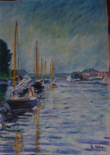 Painting titled "Boats on the water-…" by Monica Ciobanu, Original Artwork