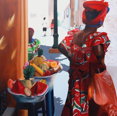 Painting titled "Woman with fruits,…" by Monica Le Crom, Original Artwork, Acrylic Mounted on Wood Stretcher frame