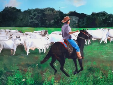 Painting titled "Cowboy, horse and c…" by Monica Le Crom, Original Artwork, Acrylic Mounted on Wood Stretcher frame