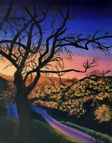 Painting titled "Sunset and tree, la…" by Monica Le Crom, Original Artwork, Acrylic Mounted on Wood Stretcher frame