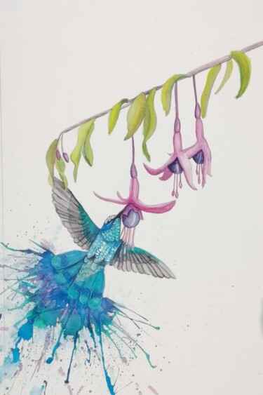 Картина под названием "Colibri Azul" - Mónica Tejero Green, Подлинное произведение искусства, Акварель Установлен на Деревян…