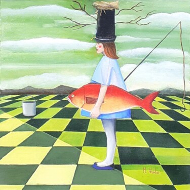 Painting titled "Mary e il pesce ros…" by Monica Zambon, Original Artwork, Oil