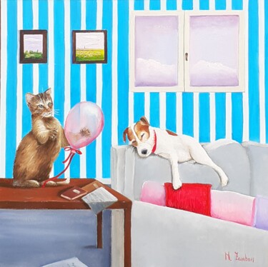 Pittura intitolato "Un gatto dispettoso" da Monica Zambon, Opera d'arte originale, Olio