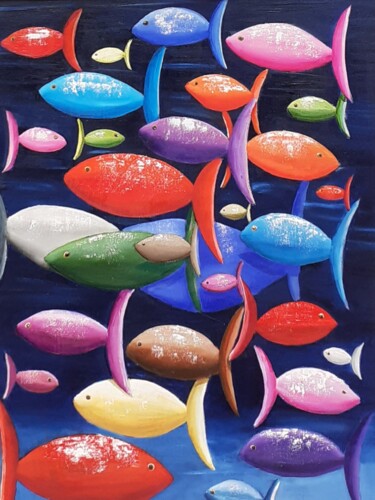 Schilderij getiteld "Mille pesci colorat…" door Monica Zambon, Origineel Kunstwerk, Olie