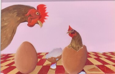 Painting titled "Hens" by Monica Zambon, Original Artwork, Oil