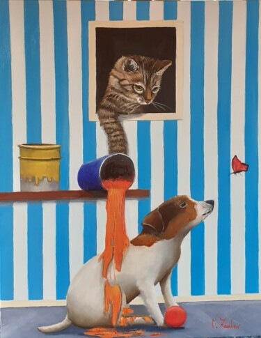 Malerei mit dem Titel "Scherzo felino" von Monica Zambon, Original-Kunstwerk, Öl