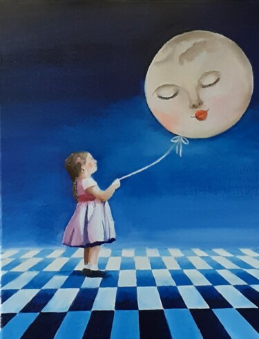 Painting titled "A spasso con Luna" by Monica Zambon, Original Artwork, Oil