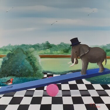 Painting titled "L'elefante e l'ucce…" by Monica Zambon, Original Artwork, Oil