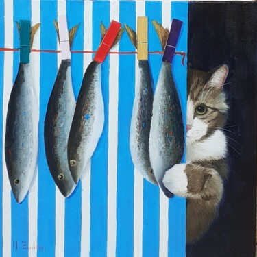 Pittura intitolato "Il ladro di pesci" da Monica Zambon, Opera d'arte originale, Olio