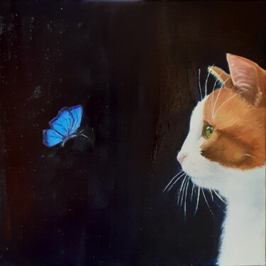 Pittura intitolato "Rufus e la farfalla…" da Monica Zambon, Opera d'arte originale, Olio