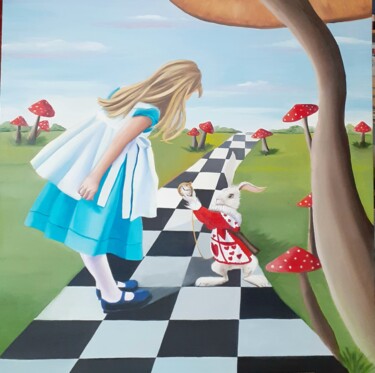 Pittura intitolato "Alice e il bianconi…" da Monica Zambon, Opera d'arte originale, Olio