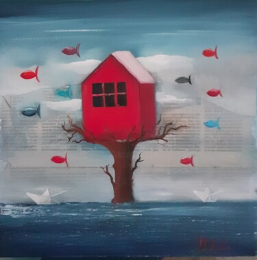 Картина под названием "La casa rossa" - Monica Zambon, Подлинное произведение искусства, Масло