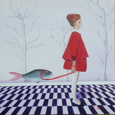Картина под названием "Un pesce per amico" - Monica Zambon, Подлинное произведение искусства, Масло