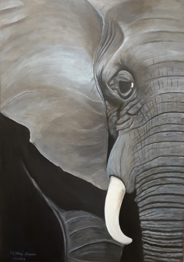 Schilderij getiteld "Tête d'éléphant" door Monica Stagi-Decroix, Origineel Kunstwerk, Olie