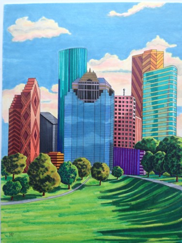 Tekening getiteld "Houston Skyline" door Monica Puryear, Origineel Kunstwerk, Marker