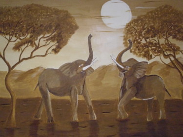 Картина под названием "Elefanten in Afrika" - Monika Brasi, Подлинное произведение искусства, Акрил