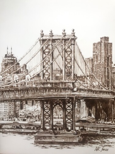 Dessin intitulée "Manhattan Bridge Sk…" par Monika Jones, Œuvre d'art originale, Encre