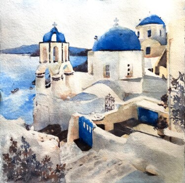Peinture intitulée "Santorini Summer" par Monika Jones, Œuvre d'art originale, Aquarelle