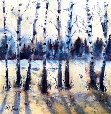 Ζωγραφική με τίτλο "Winter Woodlands" από Monika Jones, Αυθεντικά έργα τέχνης, Ακουαρέλα