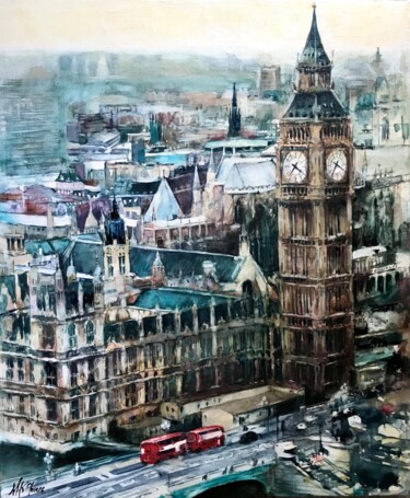 Painting titled "Central London" by Monika Jones, Original Artwork, Watercolor Mounted on Wood Stretcher frame