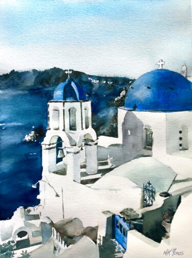 Painting titled "Summer in Santorini" by Monika Jones, Original Artwork, Watercolor