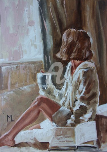 Painting titled "" COFFEE BOOK AND M…" by Monika Luniak, Original Artwork, Oil Mounted on Wood Stretcher frame