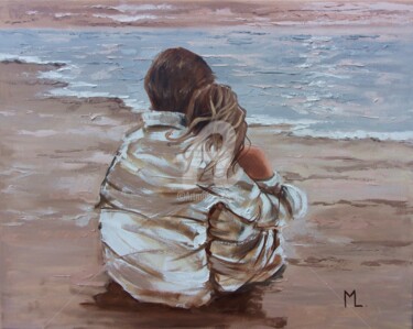 Painting titled "" OUR OCTOBER BEACH…" by Monika Luniak, Original Artwork, Oil Mounted on Wood Stretcher frame
