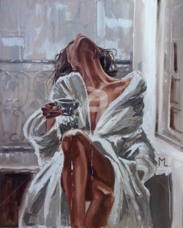 Painting titled "" COFFEE IN ? "" by Monika Luniak, Original Artwork, Oil Mounted on Wood Stretcher frame
