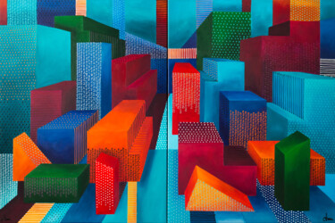 Peinture intitulée "Diverse cities views" par Monika Mrowiec Monika Mrowiec, Œuvre d'art originale, Acrylique Monté sur Châs…