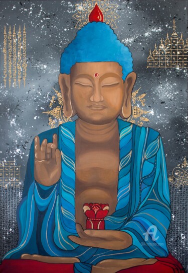 Картина под названием "Buddha Meditation i…" - Monika Mrowiec, Подлинное произведение искусства, Акрил Установлен на Деревян…