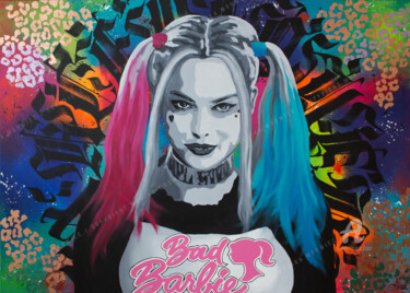 Painting titled "Bad Barbie" by Monika Mrowiec, Original Artwork, Acrylic Mounted on Wood Stretcher frame