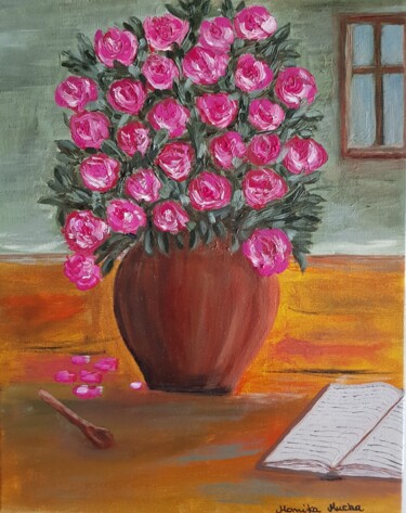 Malerei mit dem Titel "Róże w wazonie" von Monika Mucha, Original-Kunstwerk, Öl Auf Keilrahmen aus Holz montiert
