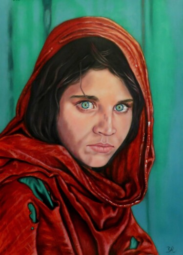 Painting titled ""The green eyed Afg…" by Monika Rembowska, Original Artwork, Oil