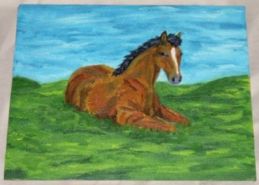 Painting titled "horse on grass" by Monika Wasik, Original Artwork