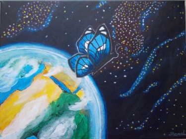 Painting titled "butterflyinspaceacr…" by Monika Shemel, Original Artwork, Acrylic