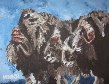 Painting titled "The Mighty Musk Ox" by Monikr, Original Artwork, Acrylic Mounted on Wood Panel