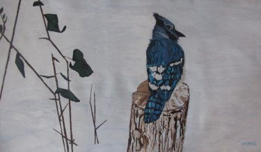 Painting titled "Blue Jay Contemplat…" by Monikr, Original Artwork, Acrylic Mounted on Wood Panel
