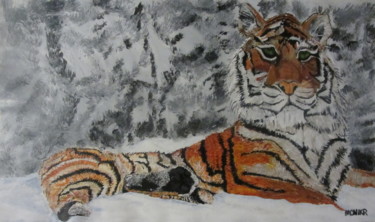Painting titled "Siberian Tiger" by Monikr, Original Artwork, Acrylic Mounted on Wood Panel