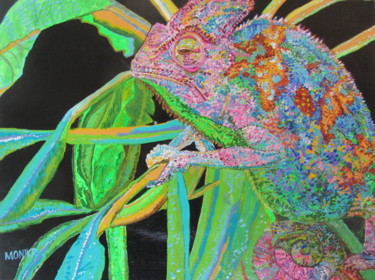 Painting titled "Rainbow Chameleon" by Monikr, Original Artwork, Acrylic