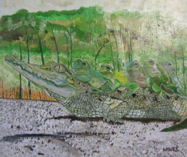Painting titled "5 Frogs Hitch A Rid…" by Monikr, Original Artwork, Acrylic