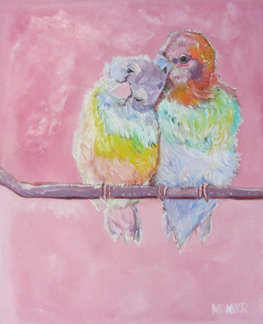 Painting titled "Lovebird Love" by Monikr, Original Artwork, Oil