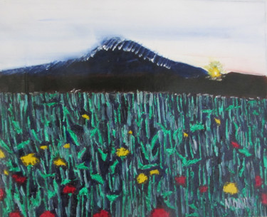 Painting titled "Field at Sundown" by Monikr, Original Artwork, Oil