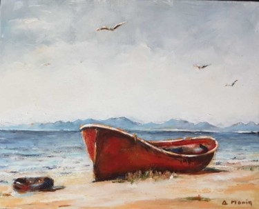 Schilderij getiteld "La barque rouge en…" door Anne Monin, Origineel Kunstwerk, Acryl Gemonteerd op Frame voor houten branca…