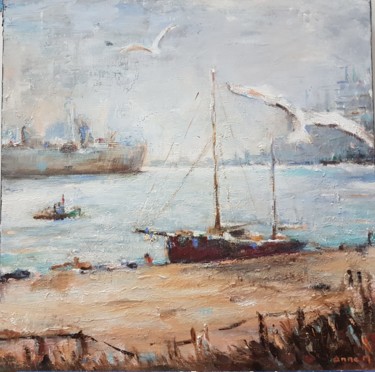 Painting titled "Port et goélands" by Anne Monin, Original Artwork, Acrylic